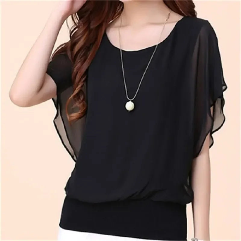 Blusas de chiffon femininas casuais manga curta batwing o pescoço moda coreana viajando elegante senhoras respirável macio elegante verão