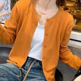 Cardigans e Suéteres Femininos 2026: Moda Coreana Casual, Quente, Primavera/Verão, Gola O, Manga Longa, Abotoamento Simples, Ajuste Slim, Tricôs e Blusas