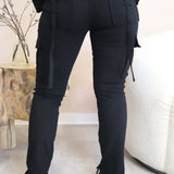 Calça de carga longa feminina, sexy slim fit, cordão casual, bolso com botões de emenda, calça reta, renda para cima, cintura elástica alta