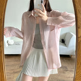 Blusas de Chiffon Leves e Soltas com Manga Longa e Botões para Mulheres, Camisas Casuais de Verão