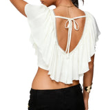 Blusas Cropped com Babados para Mulheres, Elegantes, em Cores Sólidas, com Detalhes em Renda e Decote em V com Amarração nas Costas