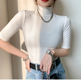 Camiseta básica feminina gola alta magro camiseta de manga curta camisetas femininas casual elasticidade branca camiseta femme mulher topo