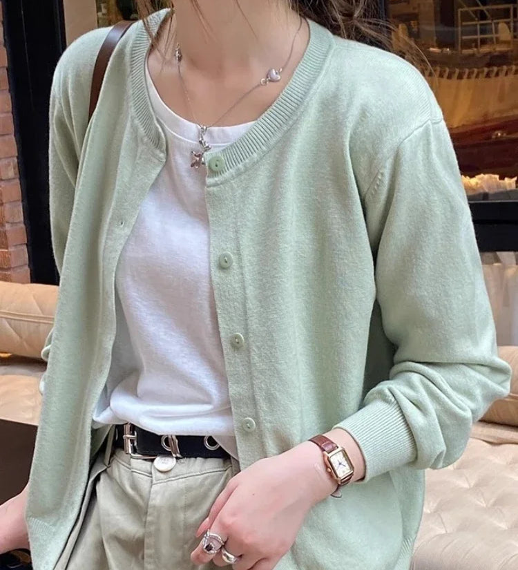 Cardigans e Suéteres Femininos 2026: Moda Coreana Casual, Quente, Primavera/Verão, Gola O, Manga Longa, Abotoamento Simples, Ajuste Slim, Tricôs e Blusas