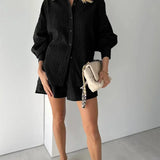 Casual solto feminino curto conjunto de duas peças terno moda blusa manga longa camisa senhora estilo simples shorts streetwear blusa topos