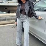 Hh feminino elegante moda reta jeans vintage casual cintura alta perna larga calças jeans y2k high street senhora calças jeans azuis