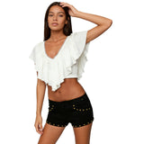 Blusas Cropped com Babados para Mulheres, Elegantes, em Cores Sólidas, com Detalhes em Renda e Decote em V com Amarração nas Costas
