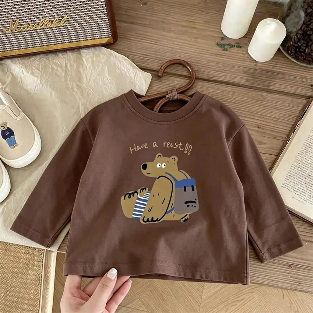 Camisetas de Manga Longa com Estampa, Camiseta Simples e Versátil, Novo Design de Camisetas de Desenho Animado, Moda Infantil, Camiseta de Gola Redonda