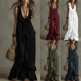 Vestido Casual Solto de Verão e Primavera, Cor Sólida, Elegante, Estilo Boêmio, Com Babados, Cintura Solta, Sem Mangas, Decote em V, Vestidos Longos