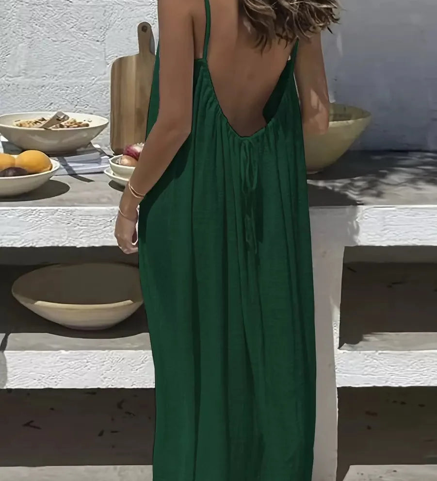 Vestido Casual Maxi 2026 Feminino Vestidos Estilo Simples Roupa de Casa Confortável Solto Cor Sólida Alça Costas Descobertas
