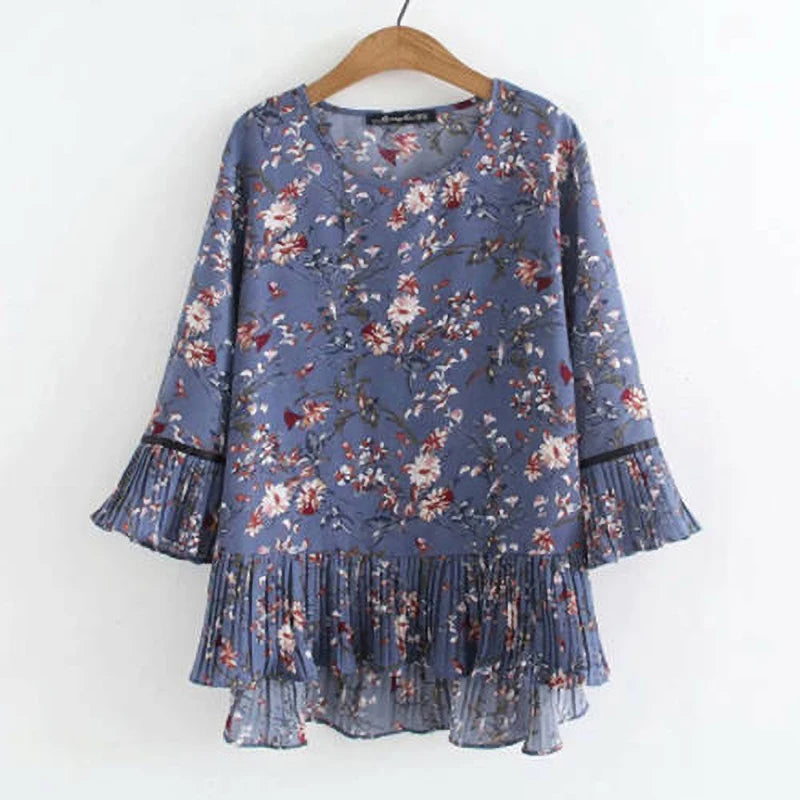 Túnica feminina elegante de babados em chiffon, blusa floral, roupas femininas, tops casuais soltos, verão, 5XL, V2183