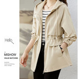 Trench coat feminino 2025 nova primavera outono roupas com capuz blusão jaqueta feminina outerwear topos fino coringa casual estudante casacos