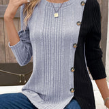 Camiseta com decoração de botão colorblock com nervuras, blusa casual de manga comprida para primavera e outono, roupas femininas