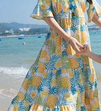 Conjunto de roupas de praia, Roupas Coreanas, Mãe e Filha Vestido Resort, Papai e Filho Tops e Shorts, 2 pcs