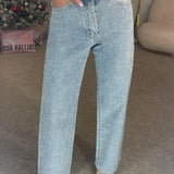 Calças de brim retas para mulheres calças de diamantes estiramento cintura alta lavado bolsos angustiados vintage denims streetwear calças femininas