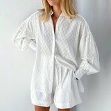 Casual solto feminino curto conjunto de duas peças terno moda blusa manga longa camisa senhora estilo simples shorts streetwear blusa topos
