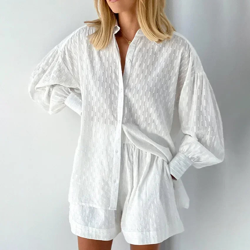 Casual solto feminino curto conjunto de duas peças terno moda blusa manga longa camisa senhora estilo simples shorts streetwear blusa topos