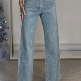Calças de brim retas para mulheres calças de diamantes estiramento cintura alta lavado bolsos angustiados vintage denims streetwear calças femininas