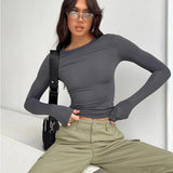 Camisetas casuais de manga comprida femininas, streetwear feminino, camiseta de base, pulôveres, tops slim fit, monocromáticas, primavera, outono
