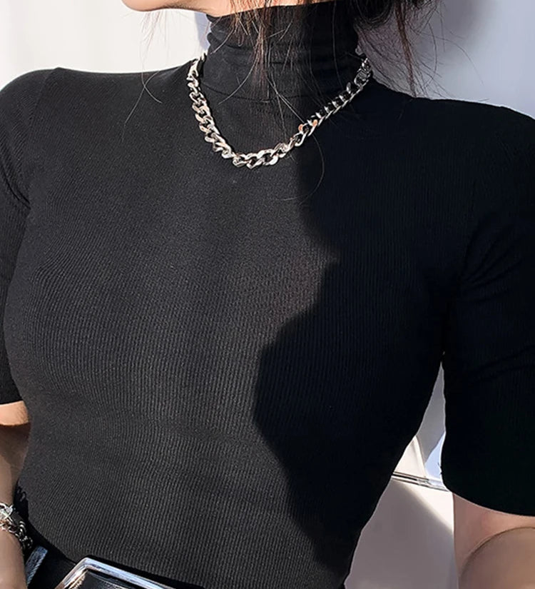 Camiseta básica feminina gola alta magro camiseta de manga curta camisetas femininas casual elasticidade branca camiseta femme mulher topo