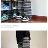 Calças de perna larga das mulheres dos homens outono inverno moda casual calças retas soltas esfregar calças harajuku vintage listrado preto/café