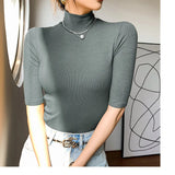 Camiseta básica feminina gola alta magro camiseta de manga curta camisetas femininas casual elasticidade branca camiseta femme mulher topo