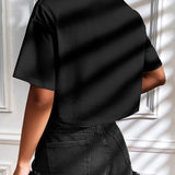 Camiseta Cropped Feminina de Malha Canelada Oversized com Ombro Caído e Manga Curta, Cor Sólida, Casual, Streetwear, para Festas de Verão e Uso Diário