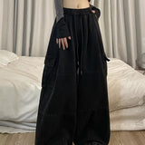 Calça japonesa de perna larga cargo, de cintura alta, solta, fina, reta, monocromática, feminina, de rua, básico, casual