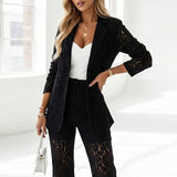 Conjunto Elegante de Blazer de Renda Sólida 2 Peças para Mulheres, Blazer de Manga Longa + Calças de Perna Larga, Traje de Festa com Botão Único para Escritório