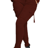 Calça de carga longa feminina, sexy slim fit, cordão casual, bolso com botões de emenda, calça reta, renda para cima, cintura elástica alta