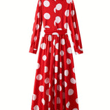 Elegante vestido longo com nó arco para mulheres, veste feminina, bolinhas para senhora, vestidos maxi casuais, manga