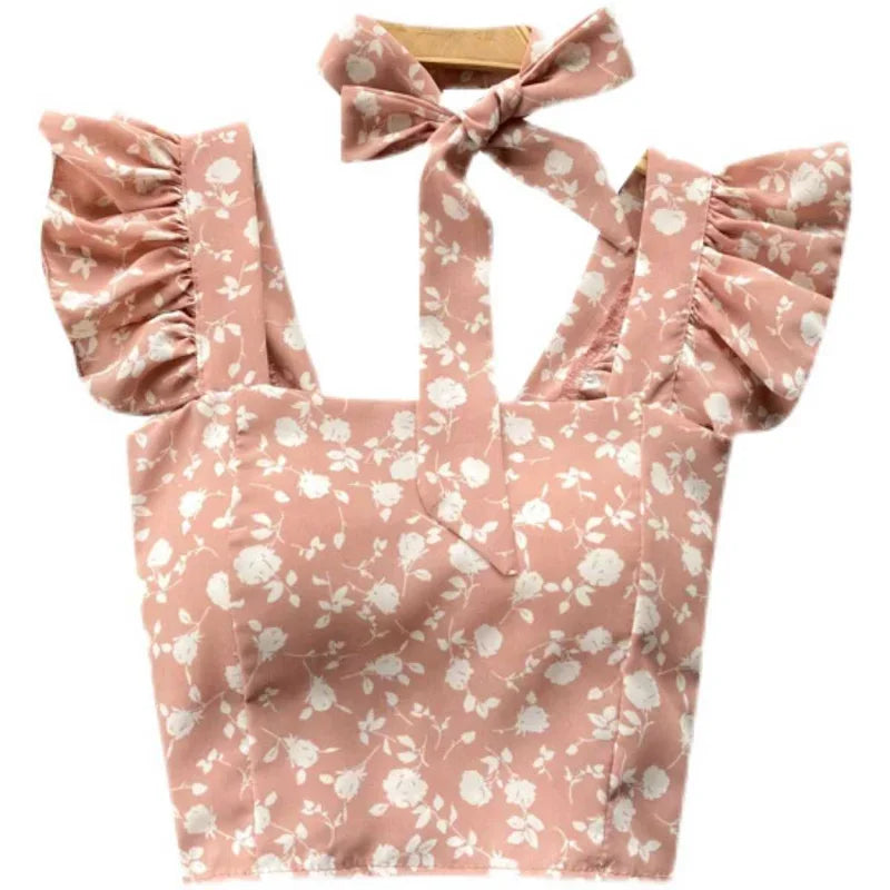 Top curto com babados para as mulheres, sexy, elegante, simples, streetwear, vintage, férias de verão, casual, jovem, estética, todos os jogos, ulzzang, novo