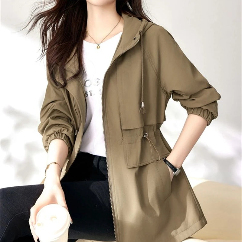 Trench coat feminino 2025 nova primavera outono roupas com capuz blusão jaqueta feminina outerwear topos fino coringa casual estudante casacos