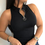 Regata feminina sexy com nervuras – ajuste fino elástico de alta elasticidade, gola alta e alças largas com zíper frontal, semitransparente bl