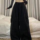 Calça japonesa de perna larga cargo, de cintura alta, solta, fina, reta, monocromática, feminina, de rua, básico, casual