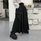 Calça casual solta feminina cargo, casal de roupas de harajuku, estilo japonês de bolsos, primavera, outono, bf, de comprimento total, preta, elástica