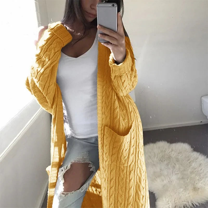 Cardigans Longos Femininos de Algodão para Outono 2026, Suéter Tricotado Grosso para Primavera e Inverno, com Bolso, Cores Amarelo, Rosa e Cinza, Moda Feminina