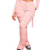 Calça de carga longa feminina, sexy slim fit, cordão casual, bolso com botões de emenda, calça reta, renda para cima, cintura elástica alta