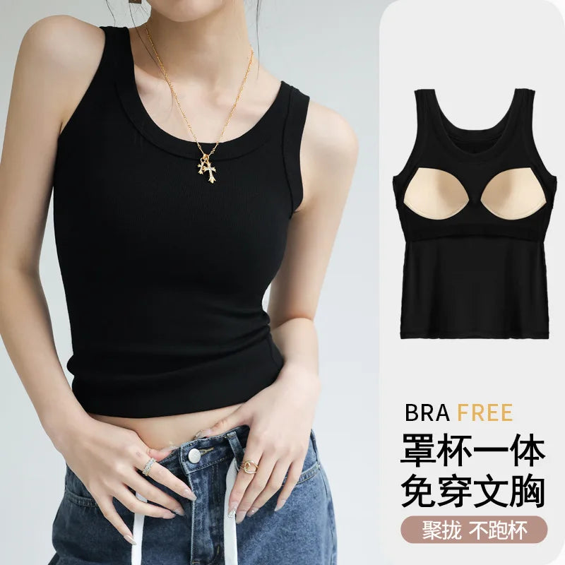 Tops de malha com nervuras pescoço verão camisas básicas branco preto casual esporte colete fora do ombro regata feminina com almofada no peito