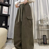 Calça japonesa de perna larga cargo, de cintura alta, solta, fina, reta, monocromática, feminina, de rua, básico, casual