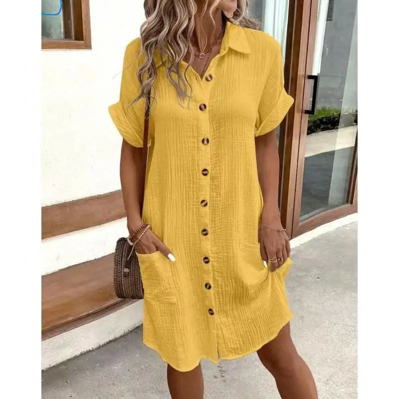 Vestidos Casuais Femininos, Vestido de Cor Sólida, Pullover de Comprimento Médio, Vestido Solto de Manga Curta, Roupas Femininas de Verão