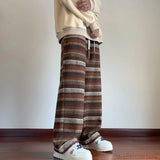 Calças de perna larga das mulheres dos homens outono inverno moda casual calças retas soltas esfregar calças harajuku vintage listrado preto/café