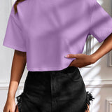Camiseta Cropped Feminina de Malha Canelada Oversized com Ombro Caído e Manga Curta, Cor Sólida, Casual, Streetwear, para Festas de Verão e Uso Diário