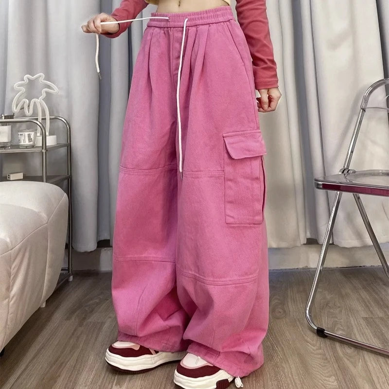 Calça japonesa de perna larga cargo, de cintura alta, solta, fina, reta, monocromática, feminina, de rua, básico, casual