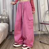 Calça japonesa de perna larga cargo, de cintura alta, solta, fina, reta, monocromática, feminina, de rua, básico, casual
