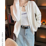 Cardigans e Suéteres Femininos 2026: Moda Coreana Casual, Quente, Primavera/Verão, Gola O, Manga Longa, Abotoamento Simples, Ajuste Slim, Tricôs e Blusas