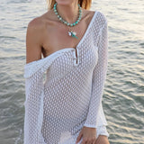 Vestido curto casual de férias, malha vazada de manga comprida para praia, estilo liso justo, moda primavera e outono