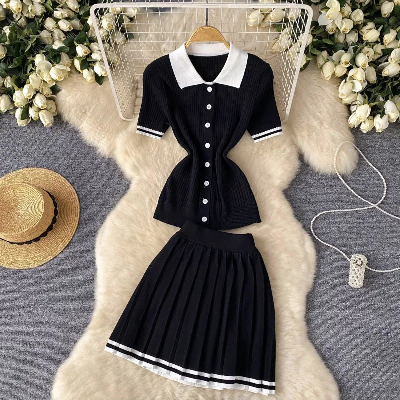 Conjuntos de Malha da Moda em 2 Peças para Mulheres, Roupas de Verão 2026, Top com Gola Polo e Saia Mini, Conjuntos Casuais de Vestido Tricotado