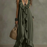 Vestido Casual Solto de Verão e Primavera, Cor Sólida, Elegante, Estilo Boêmio, Com Babados, Cintura Solta, Sem Mangas, Decote em V, Vestidos Longos