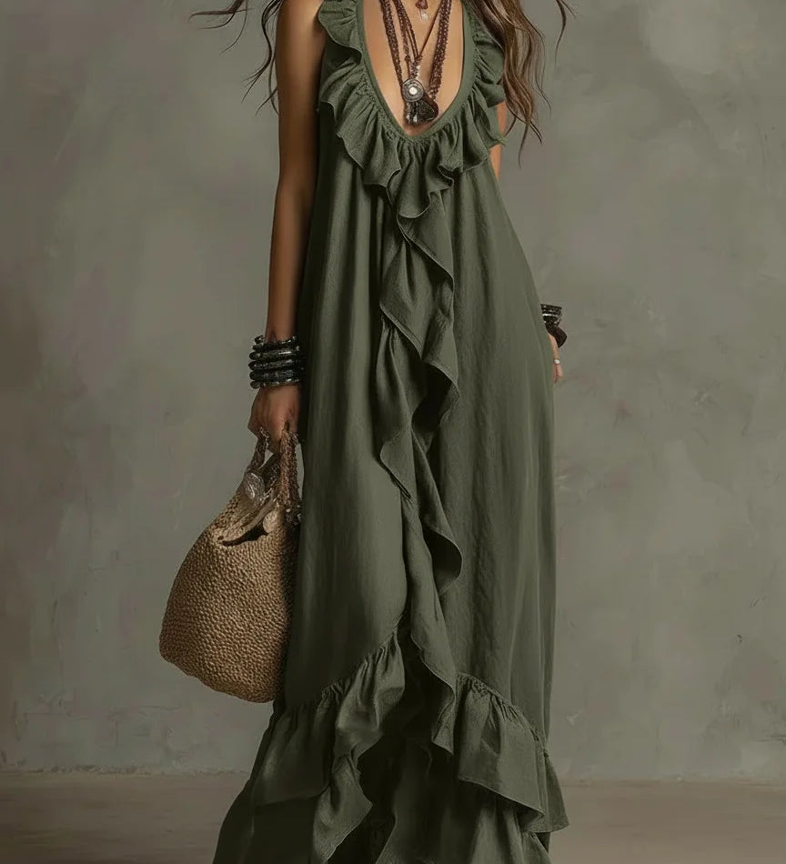 Vestido Casual Solto de Verão e Primavera, Cor Sólida, Elegante, Estilo Boêmio, Com Babados, Cintura Solta, Sem Mangas, Decote em V, Vestidos Longos