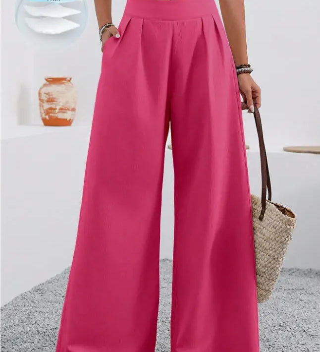Calças femininas de cintura alta com pregas e bolsos, calças compridas casuais para o outono